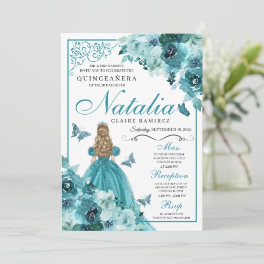 Elegant Blauwgroen Floral Quinceanera Birthday Inv Kaart (Staand voorkant)