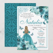 Elegant Blauwgroen Floral Quinceanera Birthday Inv Kaart (Voorkant / Achterkant)