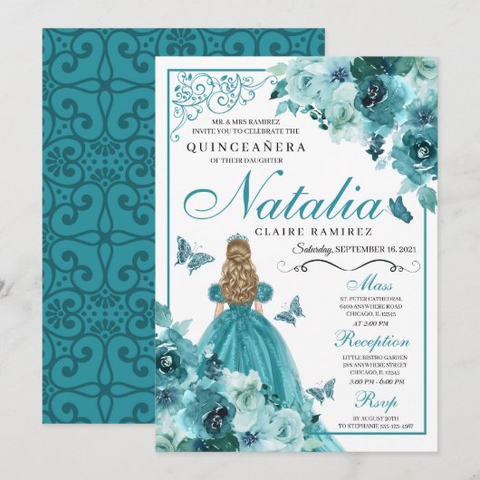 Elegant Blauwgroen Floral Quinceanera Birthday Inv Kaart (Voorkant / Achterkant)