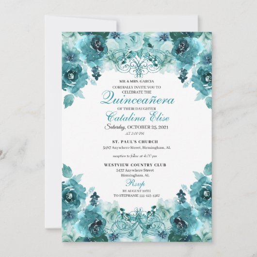 Elegant Blauwgroen Floral Quinceanera Birthday Kaart (Voorkant)