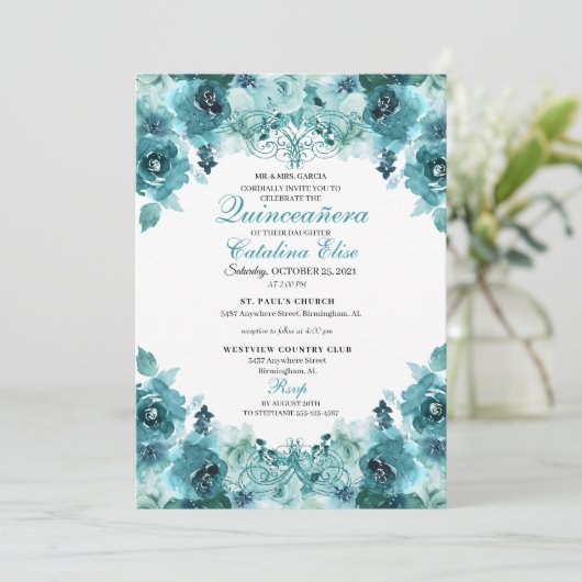 Elegant Blauwgroen Floral Quinceanera Birthday Kaart (Staand voorkant)