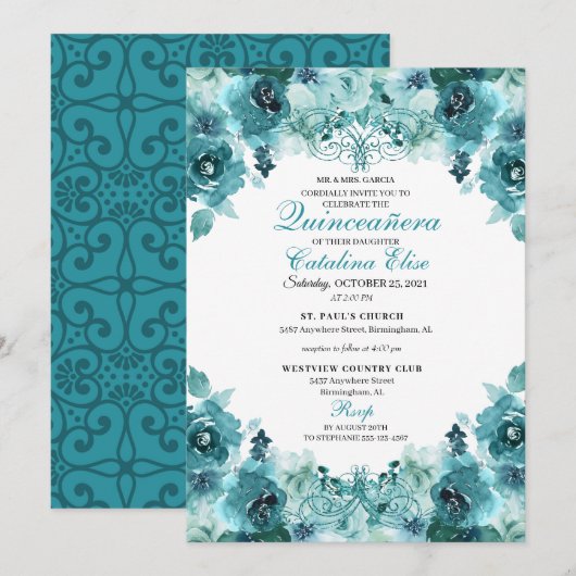 Elegant Blauwgroen Floral Quinceanera Birthday Kaart (Voorkant / Achterkant)