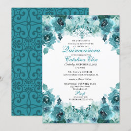 Elegant Blauwgroen Floral Quinceanera Birthday Kaart