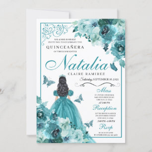Elegant Blauwgroen Floral Quinceanera Birthday Kaart