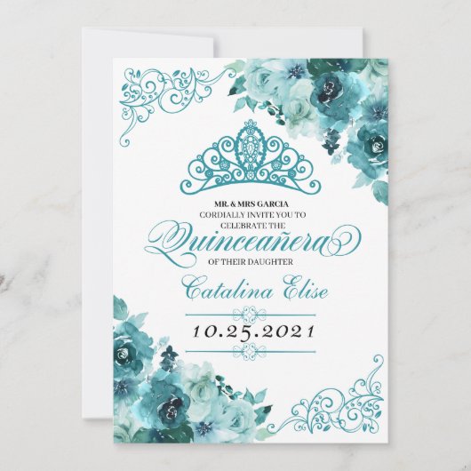Elegant Blauwgroen Floral Quinceanera Birthday Kaart (Voorkant)