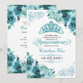 Elegant Blauwgroen Floral Quinceanera Birthday Kaart (Voorkant / Achterkant)