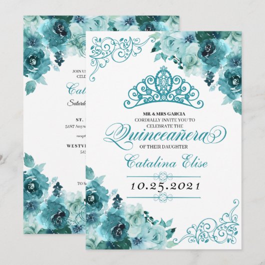 Elegant Blauwgroen Floral Quinceanera Birthday Kaart (Voorkant / Achterkant)