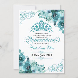 Elegant Blauwgroen Floral Quinceanera Birthday Kaart