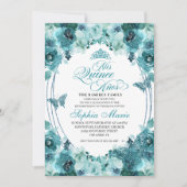 Elegant Blauwgroen Floral Quinceanera Birthday Kaart (Voorkant)