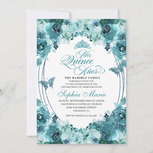 Elegant Blauwgroen Floral Quinceanera Birthday Kaart (Voorkant)
