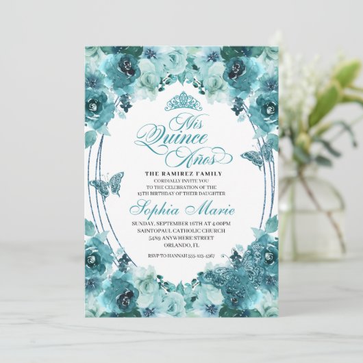 Elegant Blauwgroen Floral Quinceanera Birthday Kaart (Staand voorkant)