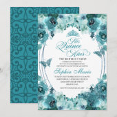 Elegant Blauwgroen Floral Quinceanera Birthday Kaart (Voorkant / Achterkant)