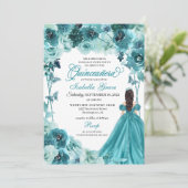 Elegant Blauwgroen Floral Quinceanera Kaart (Staand voorkant)