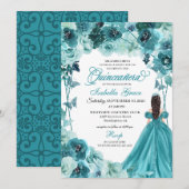 Elegant Blauwgroen Floral Quinceanera Kaart (Voorkant / Achterkant)