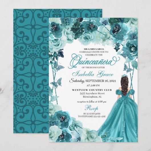 Elegant Blauwgroen Floral Quinceanera Kaart (Voorkant / Achterkant)