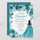 Elegant Blauwgroen Floral Quinceanera Uitnodiging (Voorkant / Achterkant)