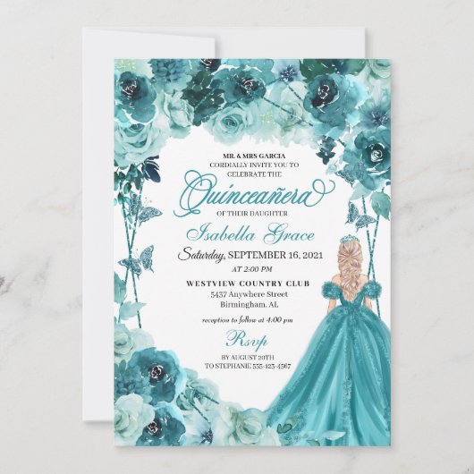 Elegant Blauwgroen Floral Quinceanera Uitnodiging (Voorkant)