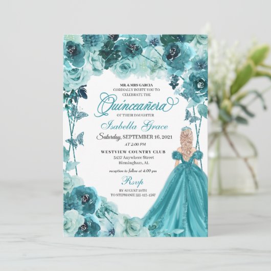 Elegant Blauwgroen Floral Quinceanera Uitnodiging (Staand voorkant)