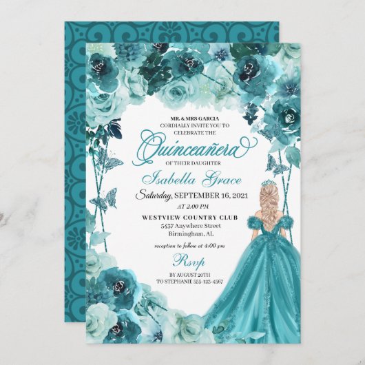Elegant Blauwgroen Floral Quinceanera Uitnodiging (Voorkant / Achterkant)