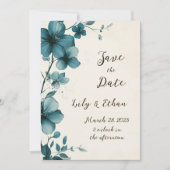 Elegant Blauwgroen Floral sparen de Datum Kaart (Voorkant)