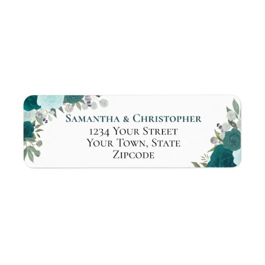 Elegant Blauwgroen Floral Wedding Return-adres Etiket (Voorkant)
