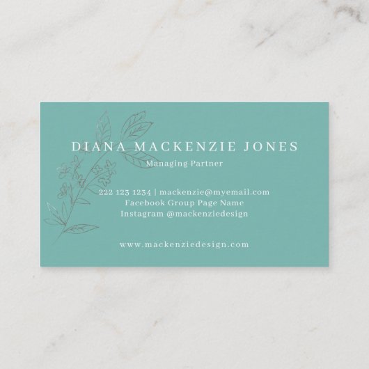 Elegant blauwgroen floreel glitter monogrammen visitekaartje (Achterkant)