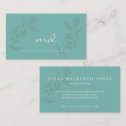 Elegant blauwgroen floreel glitter monogrammen visitekaartje (Voorkant / Achterkant)