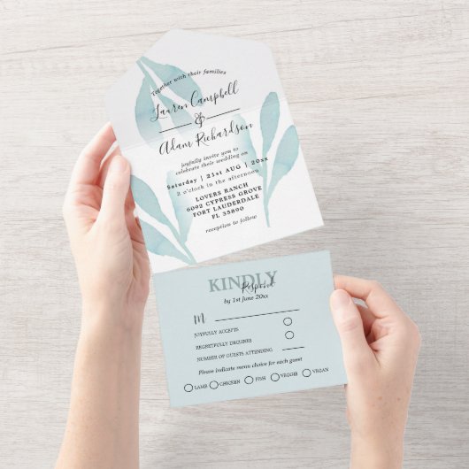Elegant Blauwgroen Foliage Waterverf Wedding All In One Uitnodiging (Afscheurbaar)