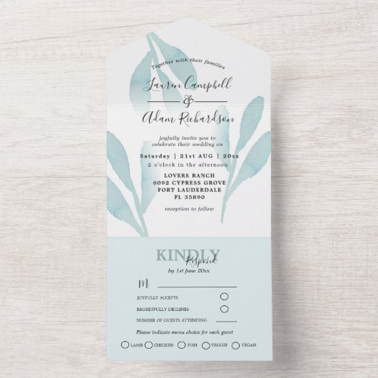 Elegant Blauwgroen Foliage Waterverf Wedding All In One Uitnodiging (Binnen)