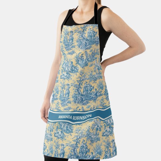 Elegant  blauwgroen geel toile de jouy bedrukt schort (Insitu)