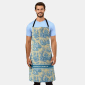 Elegant  blauwgroen geel toile de jouy bedrukt schort (Gedragen)