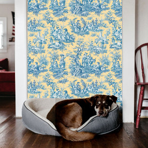 Elegant blauwgroen geel toile de jouy behang