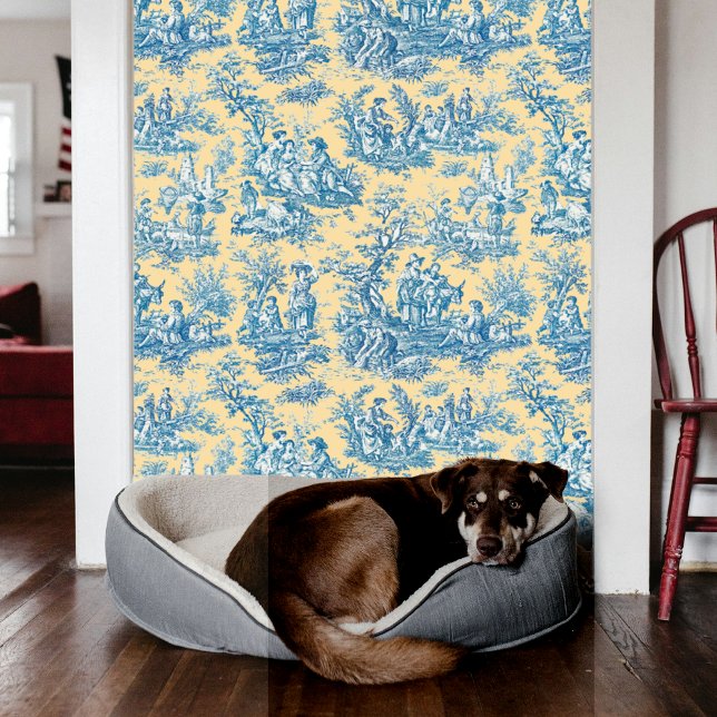 Elegant  blauwgroen geel toile de jouy behang (Creator heeft geüpload)