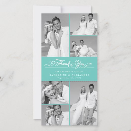 Elegant Blauwgroen gescand Band 6 Foto Chic Weddin Bedankkaart (Voorkant)