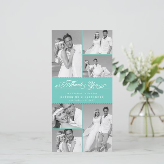 Elegant Blauwgroen gescand Band 6 Foto Chic Weddin Bedankkaart (Staand voorkant)