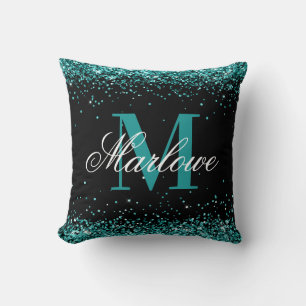 Elegant Blauwgroen Glitter Black Monogram Kussen