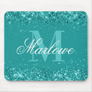 Elegant Blauwgroen Glitter Blue Green Monogram Muismat