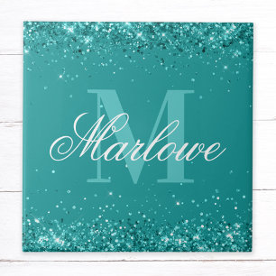 Elegant Blauwgroen Glitter Blue Green Monogram Tegeltje