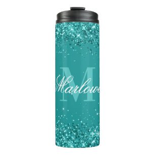 Elegant Blauwgroen Glitter Blue Green Monogram Thermosbeker
