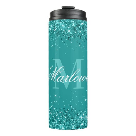 Elegant Blauwgroen Glitter Blue Green Monogram Thermosbeker (Voorkant)