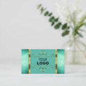 Elegant Blauwgroen Glitter Gold Border met Logo Visitekaartje (Staand voorkant)