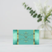 Elegant Blauwgroen Glitter Gold Border Monogram Visitekaartje (Staand voorkant)