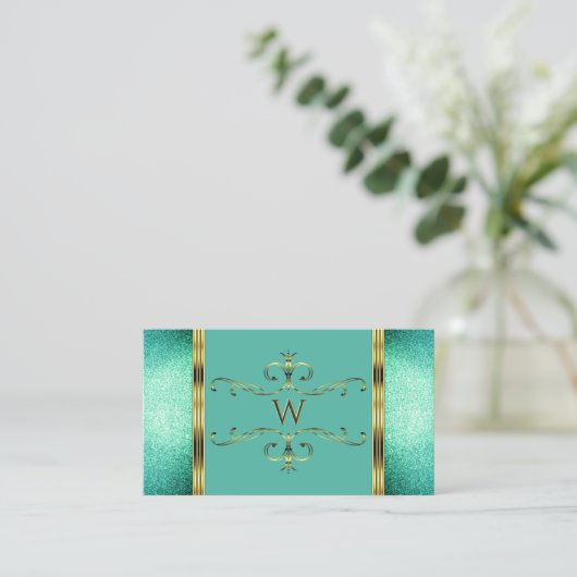 Elegant Blauwgroen Glitter Gold Border  Monogram Visitekaartje (Staand voorkant)