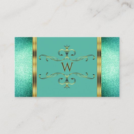 Elegant Blauwgroen Glitter Gold Border Monogram Visitekaartje (Voorkant)