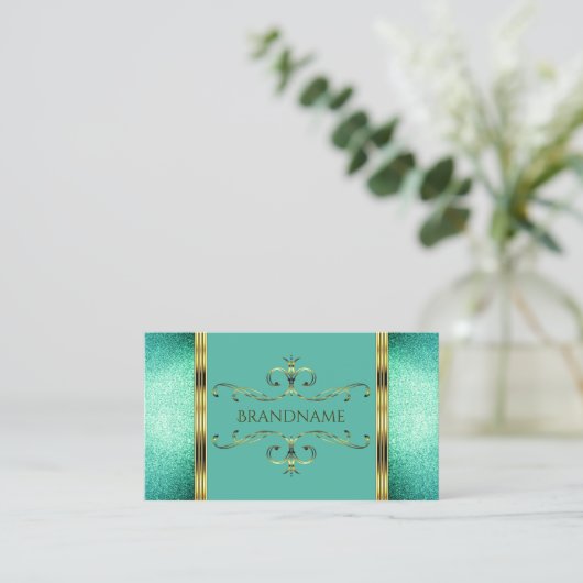 Elegant Blauwgroen Glitter Gold Border  Ornamenten Visitekaartje (Staand voorkant)