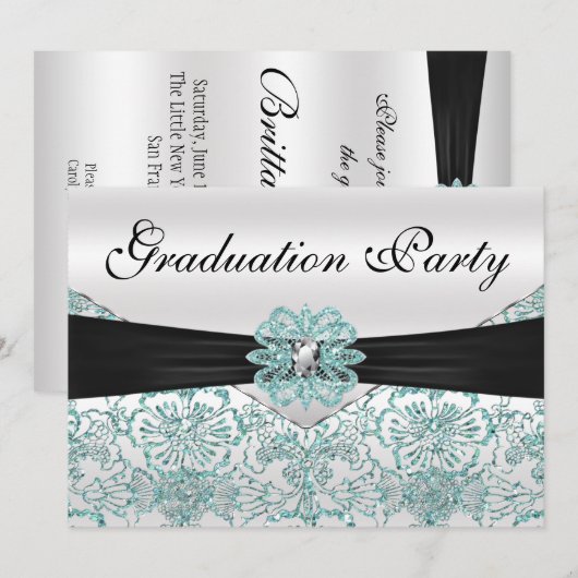 Elegant Blauwgroen Glitter Graduation Party Kaart (Voorkant / Achterkant)