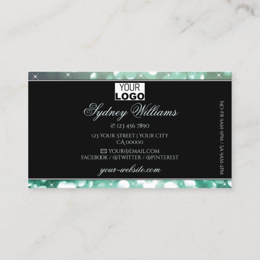 Elegant Blauwgroen glitter Sparkle Stars met Logo  Visitekaartje (Achterkant)