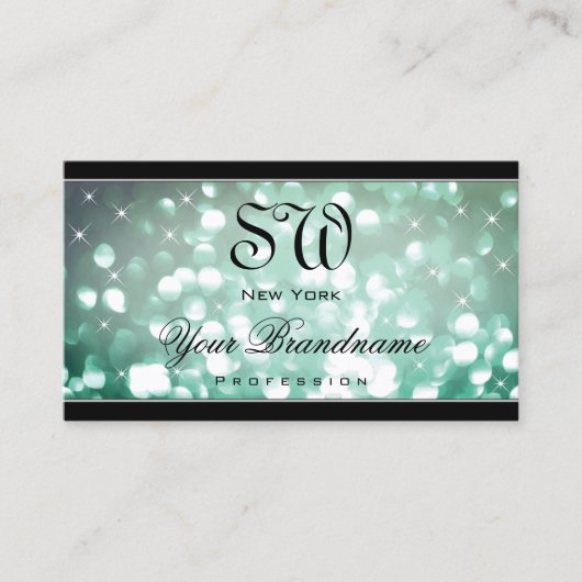 Elegant Blauwgroen Glitter Sparkle Stars Monogram Visitekaartje (Voorkant)