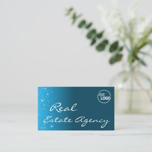 Elegant Blauwgroen Glitter Stars met Logo en Foto Visitekaartje (Staand voorkant)