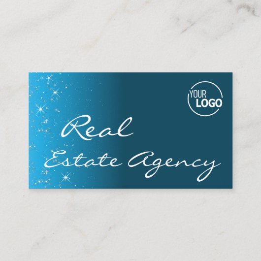 Elegant Blauwgroen Glitter Stars met Logo en Foto Visitekaartje (Voorkant)